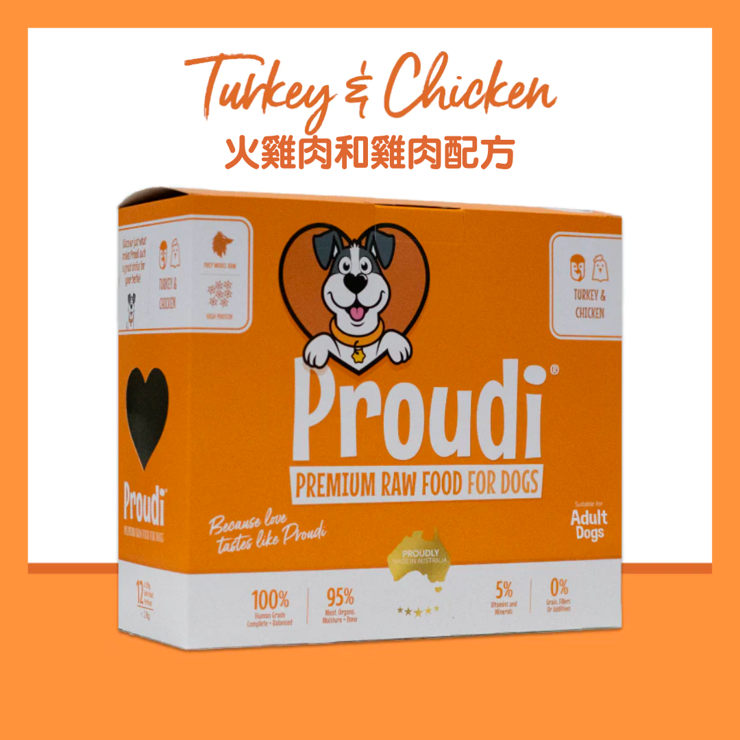 PROUDI 急凍生肉狗糧|火雞肉和雞肉配方 (200g x 12)