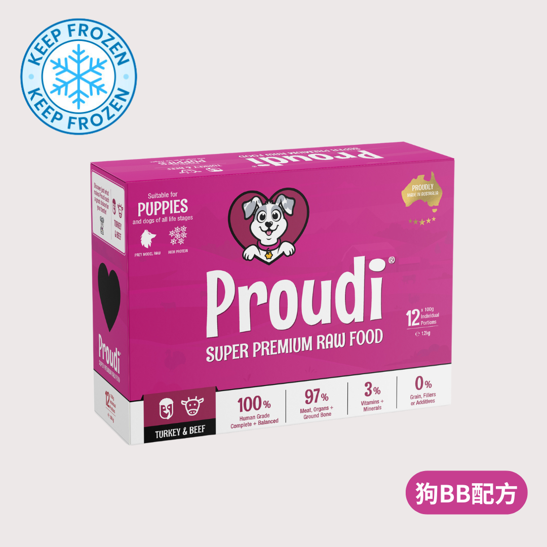 【幼犬配方】PROUDI 急凍生肉狗糧|火雞肉和牛肉配方 (100g x 12)