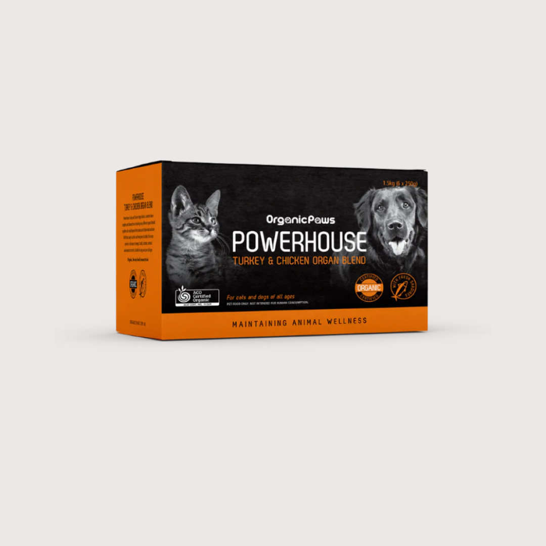 POWERHOUSE 急凍生肉貓狗糧|有機認證火雞&雞肉內臟配方 (250gm x 6)